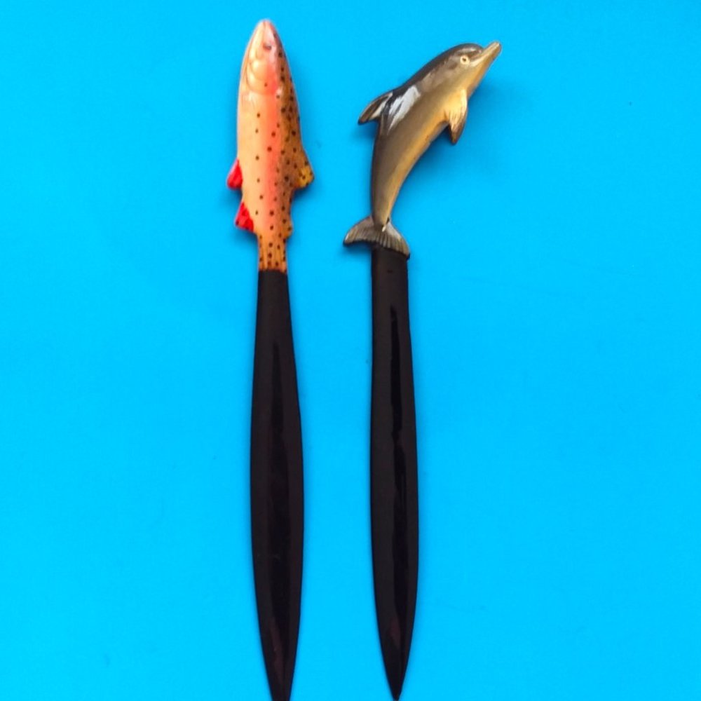 Letter Openers 2 VTG Hand Carved Painted Wood Dophin Trout Fish Mail Office Desk